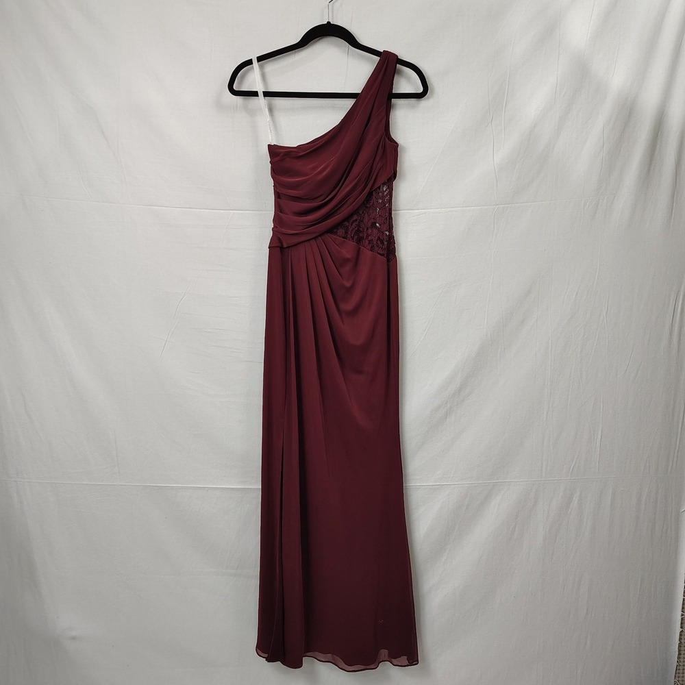 David's Bridal Dress Sz 2 One Shoulder‎ Mesh With Lace Insert Chianti Colored